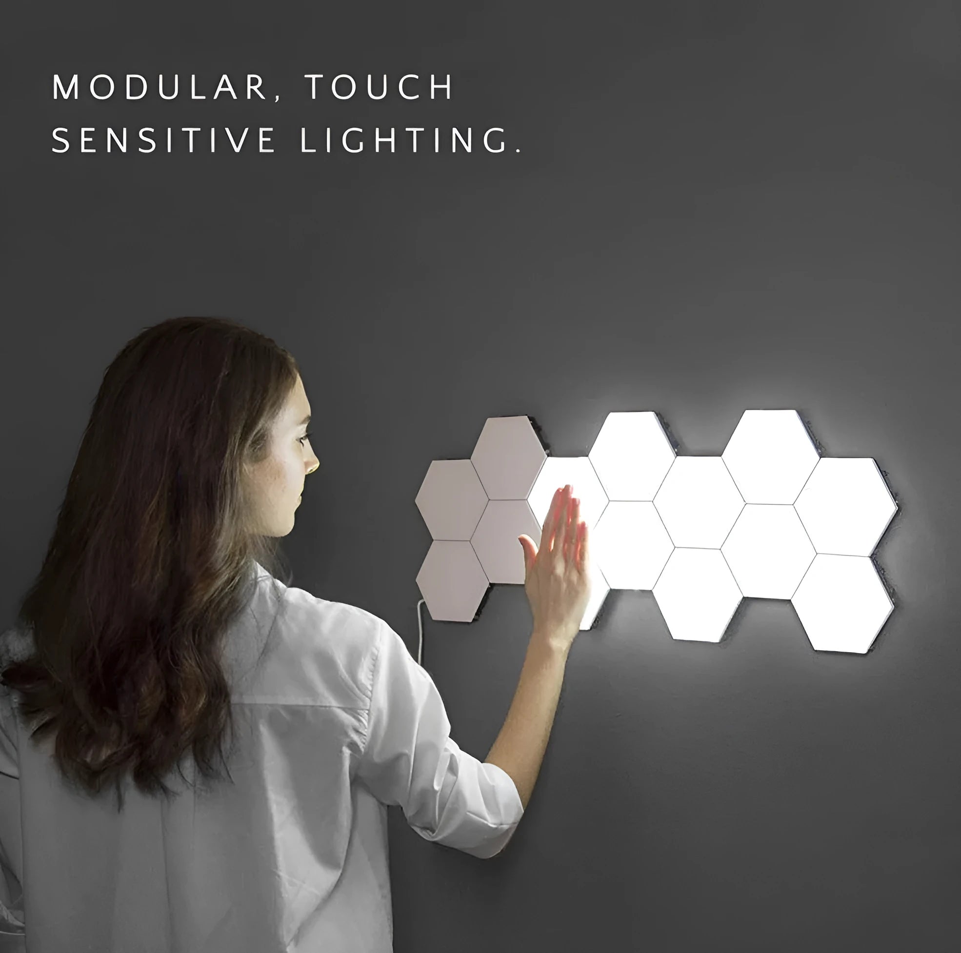 Modern honeycomb modular touch wall lamp assembled in a geometric pattern on a wall.