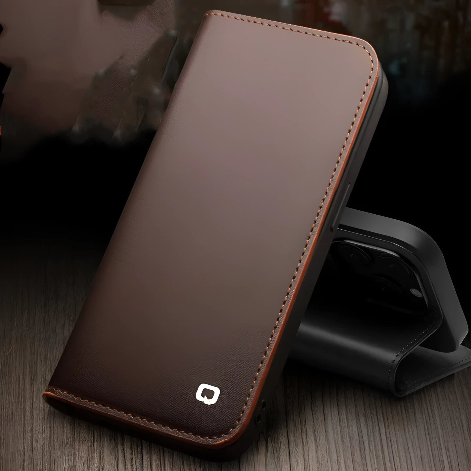 Genuine leather flip cover for iPhone 14 with anti-drop protection, black colour