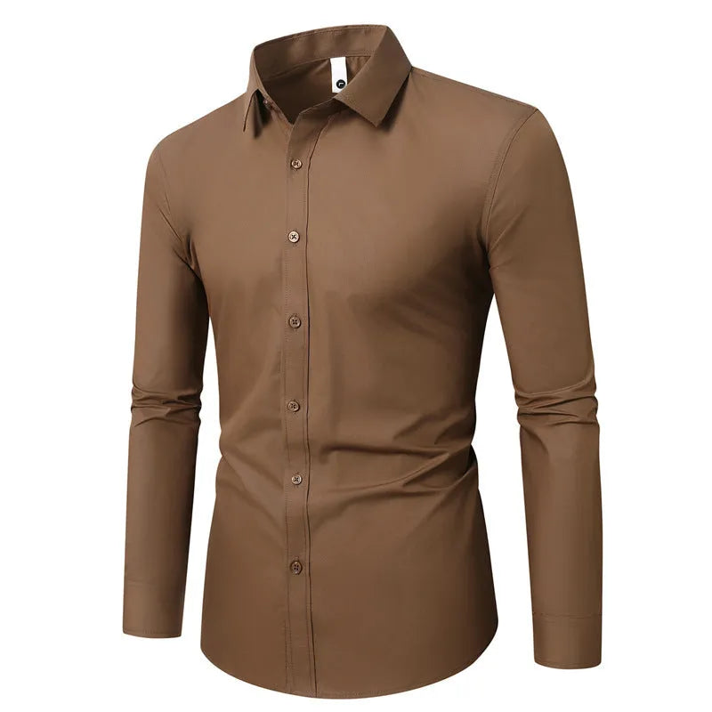 Simple trendy long-sleeve slim linen shirt in loose fit available in multiple colours including black brown and navy blue