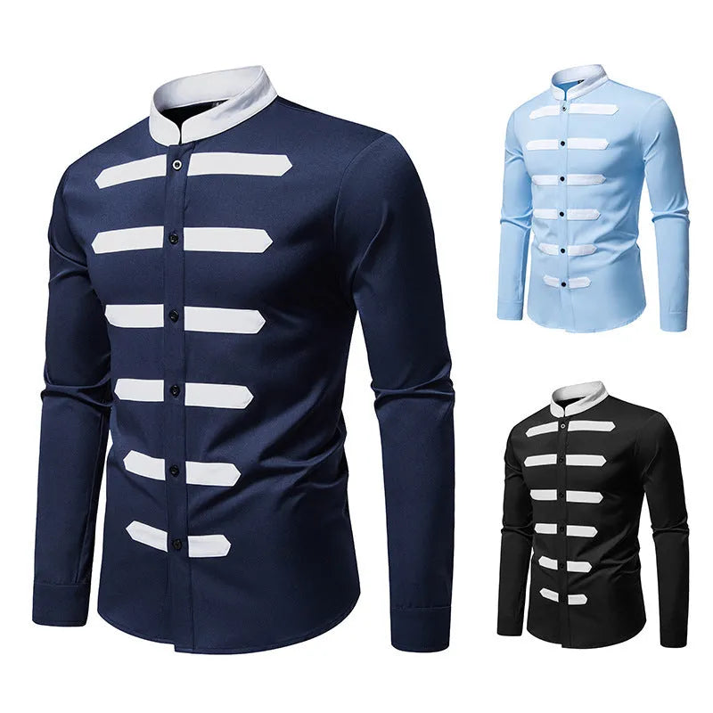 Men's casual long sleeve shirt with black and white stitching, slim fit, cardigan style, polyester fabric