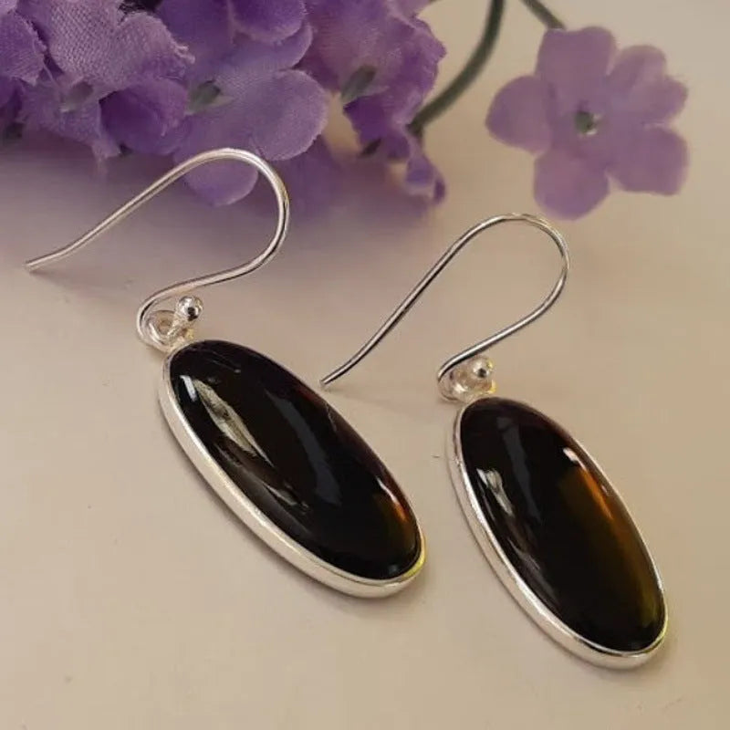 Women's geometric black agate pendant earrings with 925 silver electroplated alloy