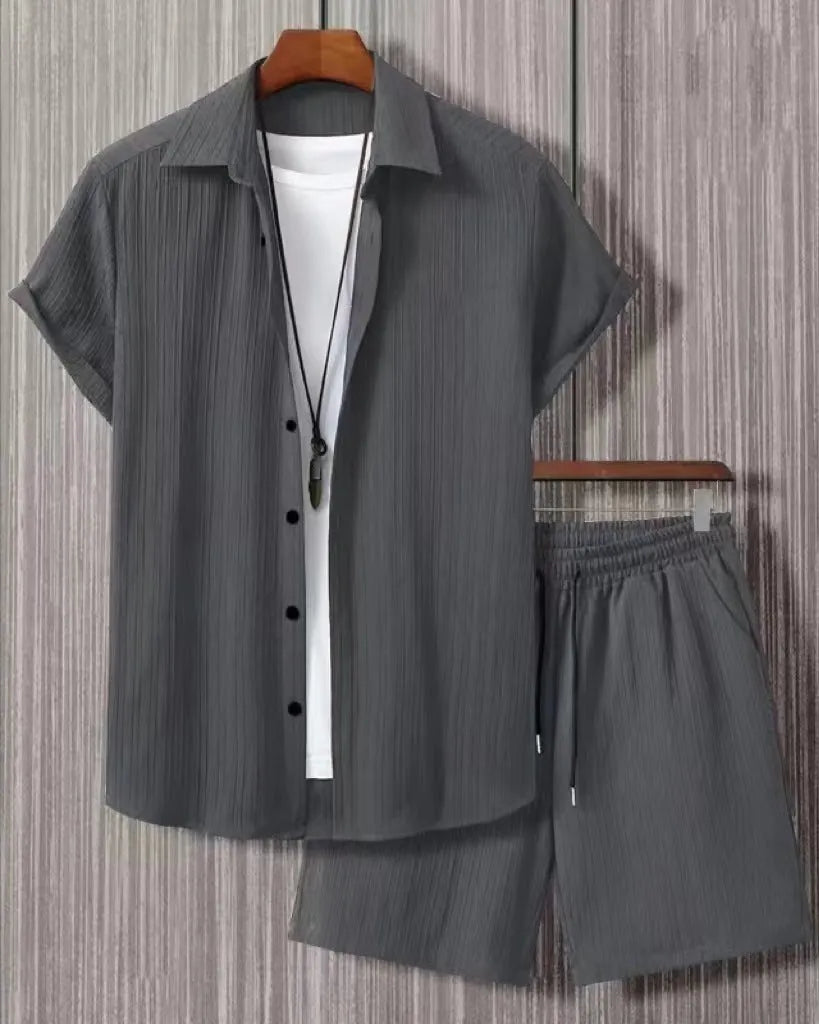 Men's jacquard black and white short sleeve suit set with matching shorts in chemical fibre blend fabric