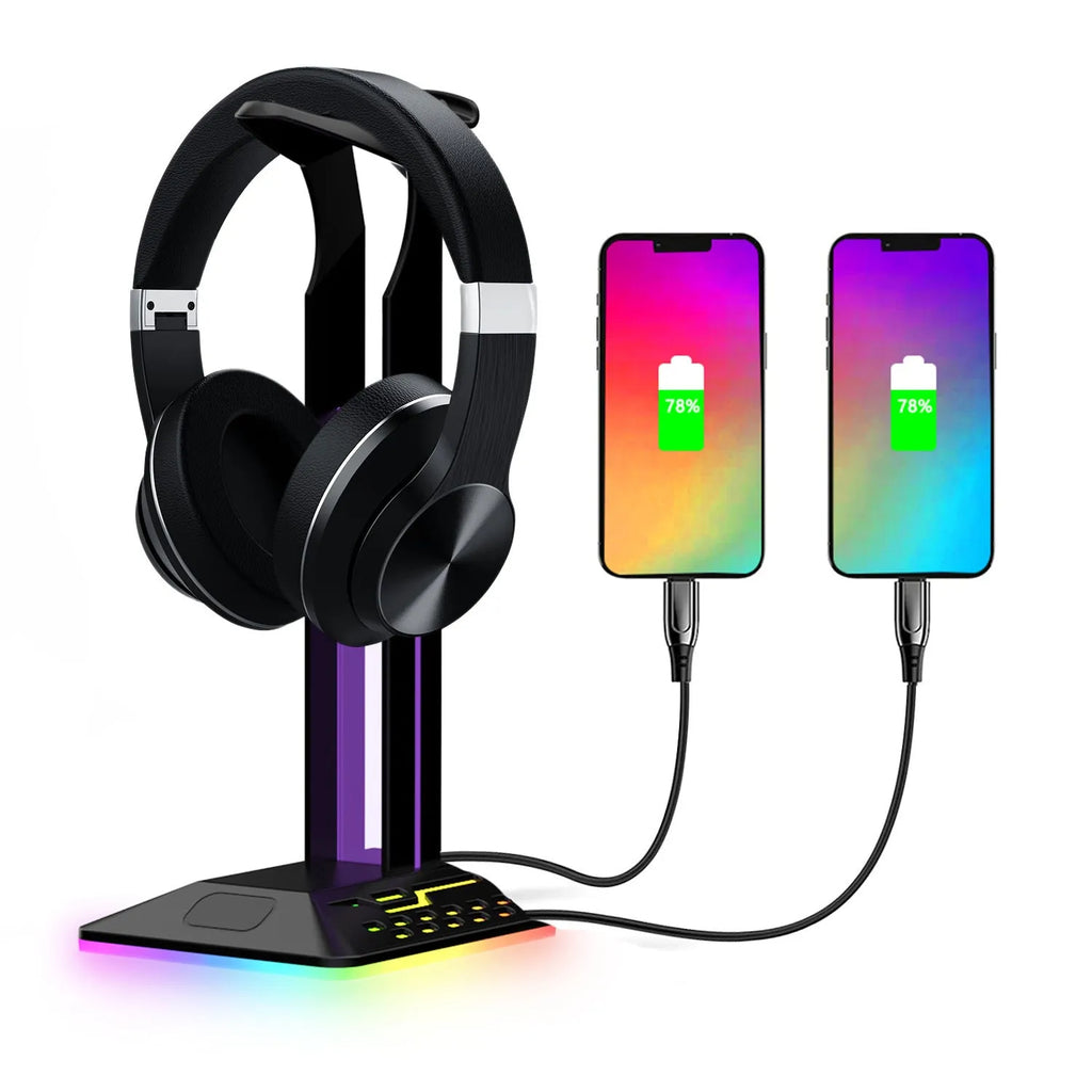RGB headphone stand with glowing colour-changing lights and two USB ports, holding a gaming headset.