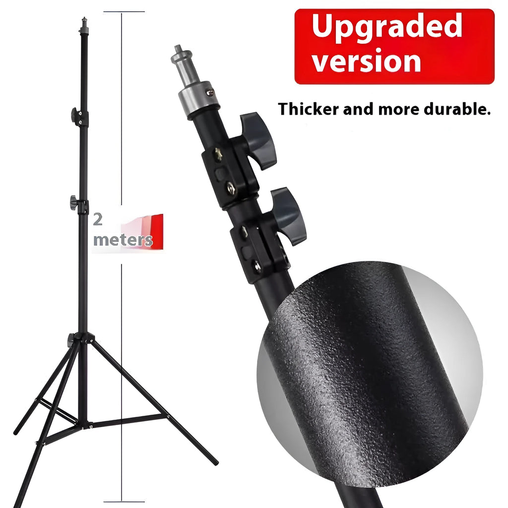 Adjustable mobile phone tripod light stand in frosted finish with height options from 1.6m to 2.1m