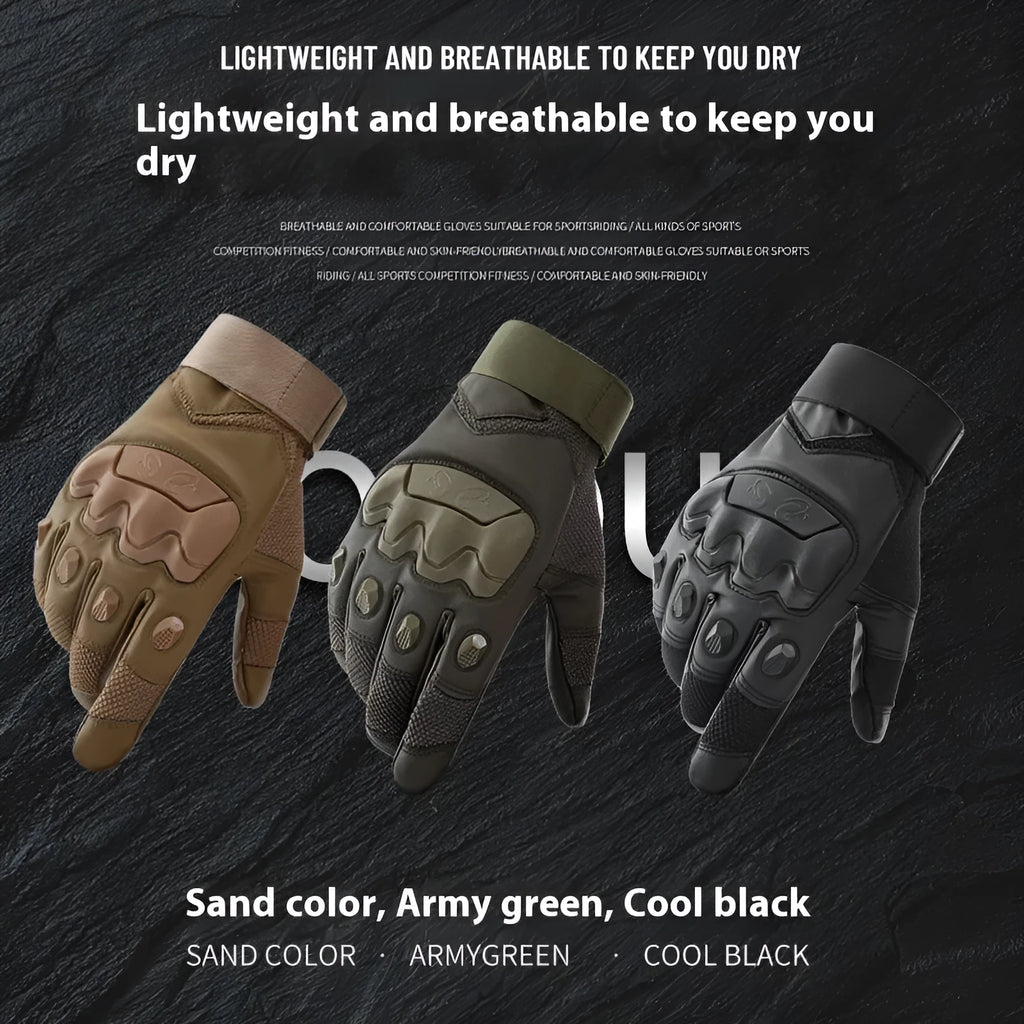 Men's black full finger tactical gloves with touch screen fingertips on a hand.