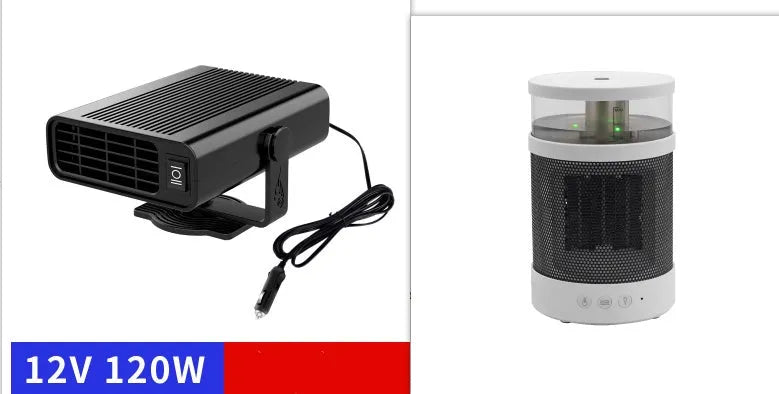 Universal 12V 24V car defrost heater in black ABS with 360-degree rotating holder and handle