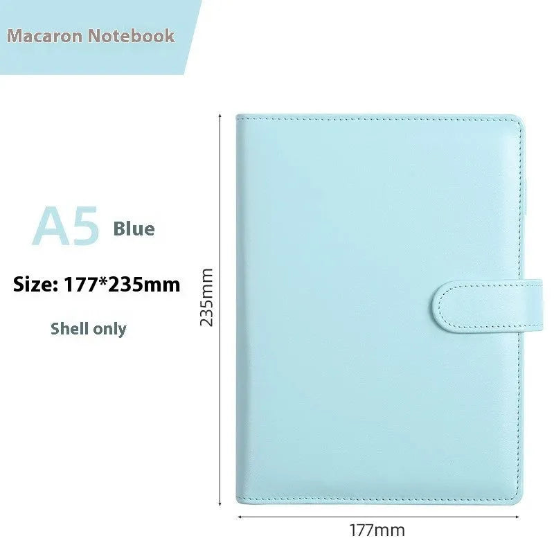 A5 solid colour PU leather notebook binder shell with a zipper, shown in various colours.