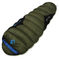 Outdoor cotton sleeping bag in Army Green, shown beside its grey compression storage sack.