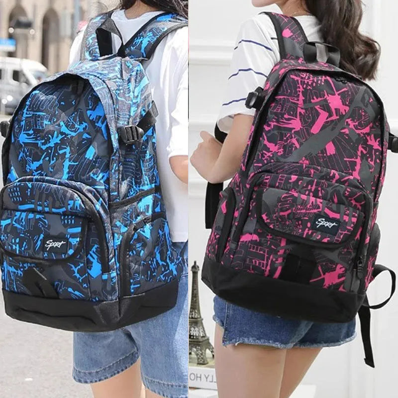 Classic blue nylon backpack with large main compartment, shown front view.