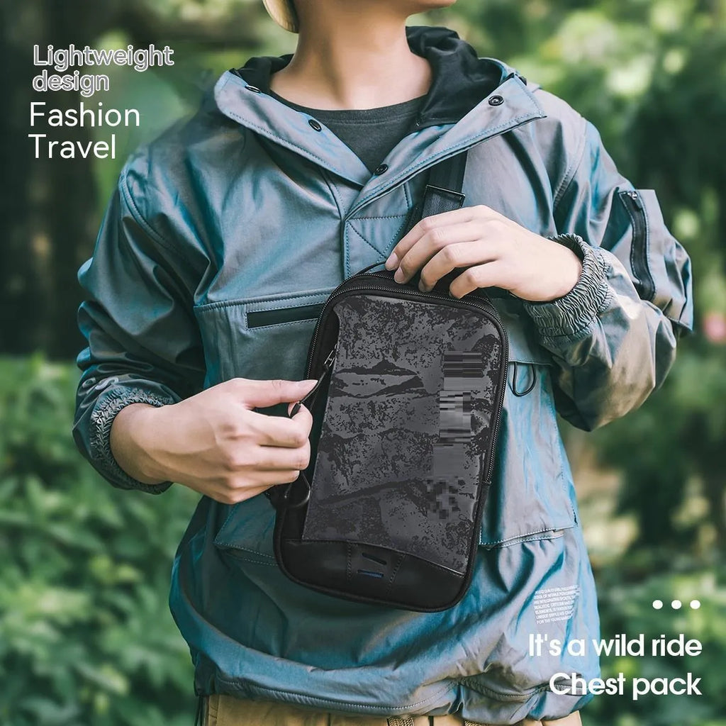 Casual black TPU chest bag with square vertical shape, single shoulder strap, and landscape pattern design