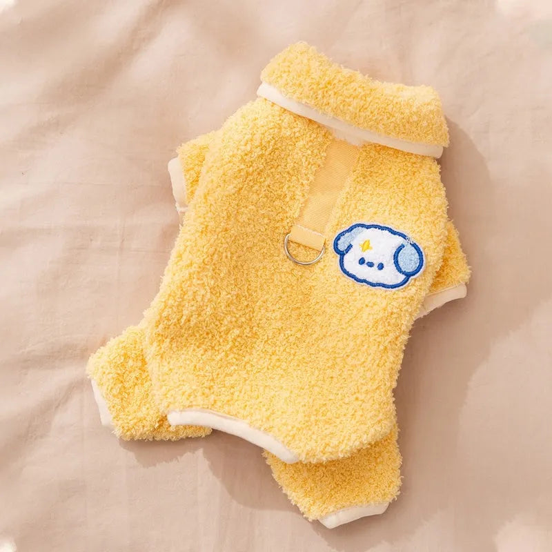 Yellow thick plush winter dog pajamas one-piece suit cartoon style for small dogs