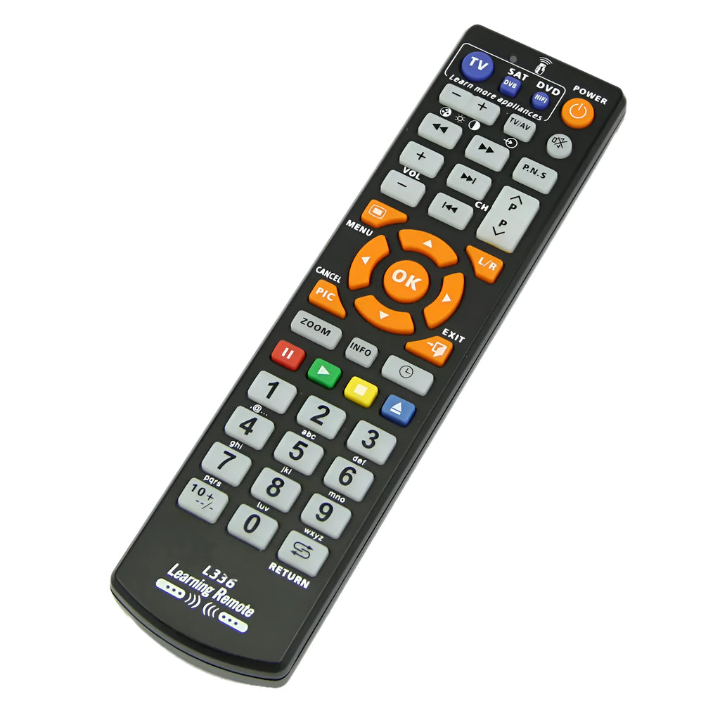 Black L336 universal learning remote control with full button keypad on a white background.