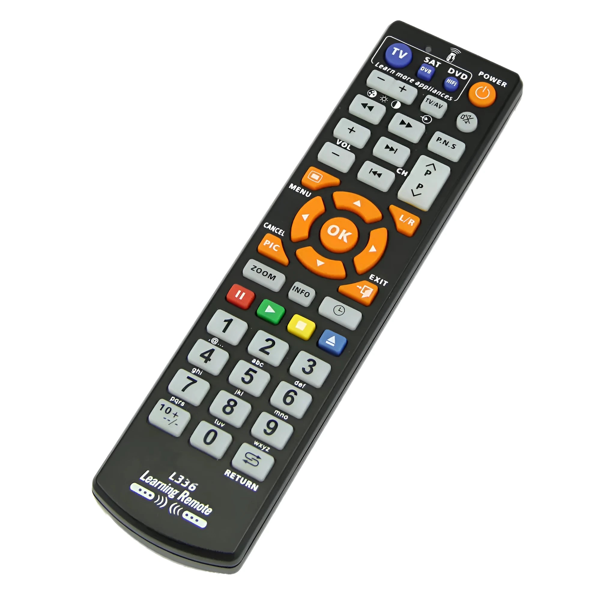 Black L336 universal learning remote control with full button keypad on a white background.