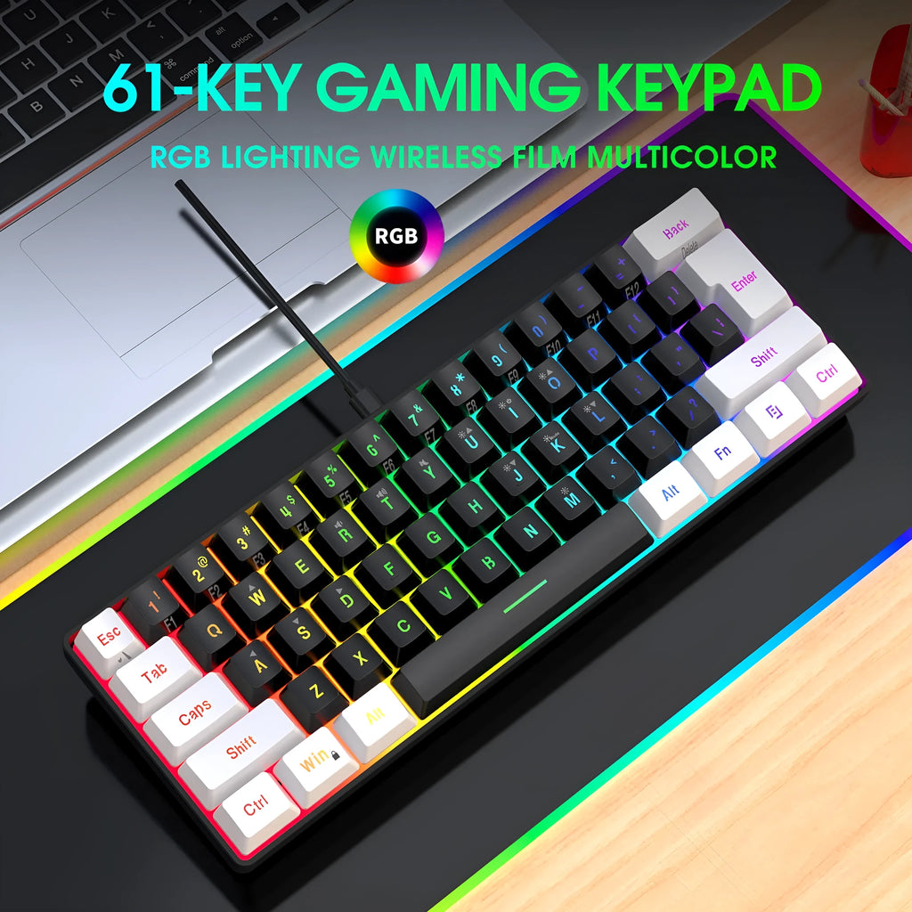 Compact 61-key wired membrane keyboard in white and black colour with 1.7 metre USB cable