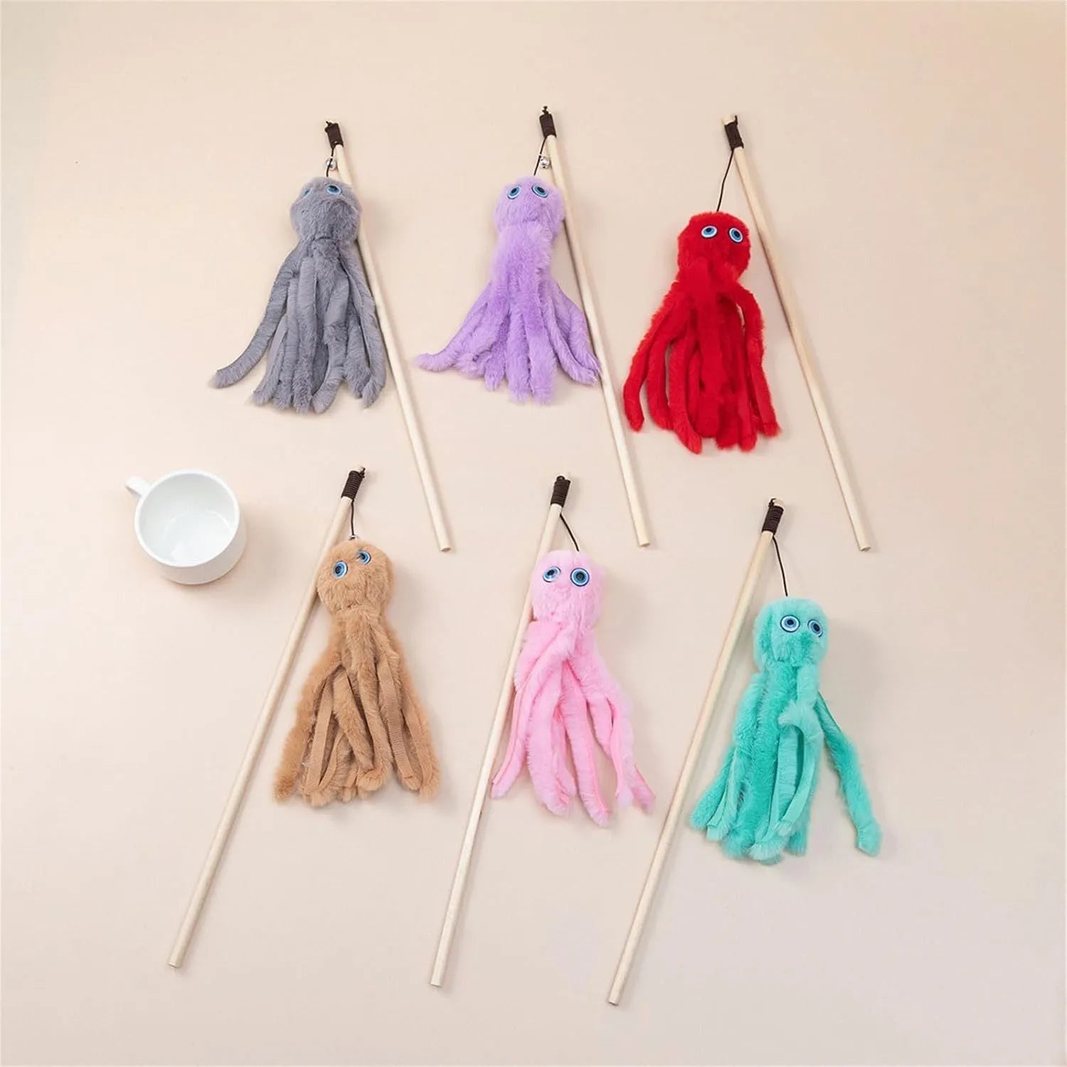 Octopus theme cat toy with long stick in bright colours for indoor kitten play