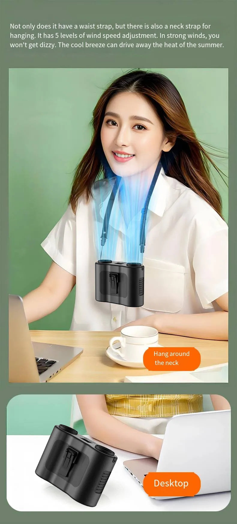 Black waist-hung portable fan showing lanyard attachment and top control button.