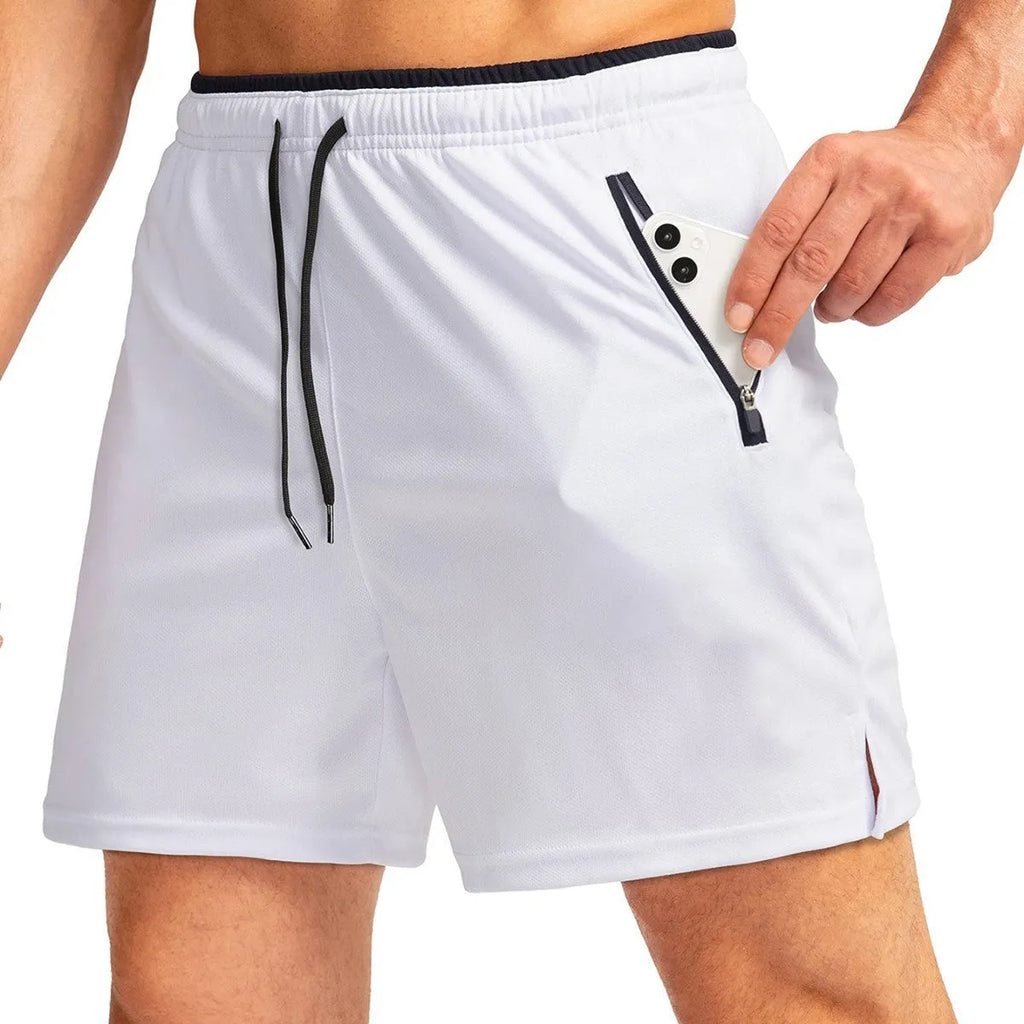 Men's running short with belt and zipper pocket in army green on white background