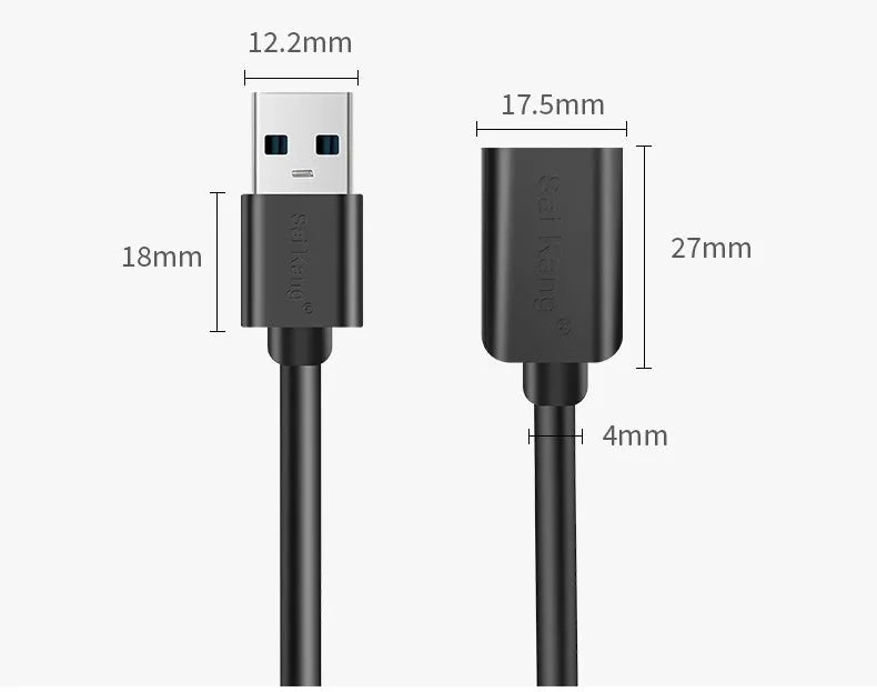 Black USB 3.0 and 2.0 male to female extension cable with double-layer shielding.