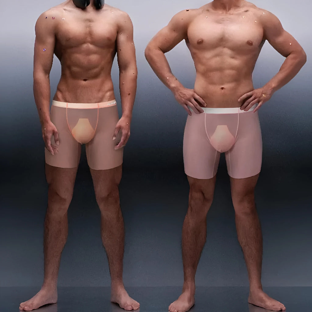 Men's seamless nylon boxers in orange, pink, and red colours on a white background