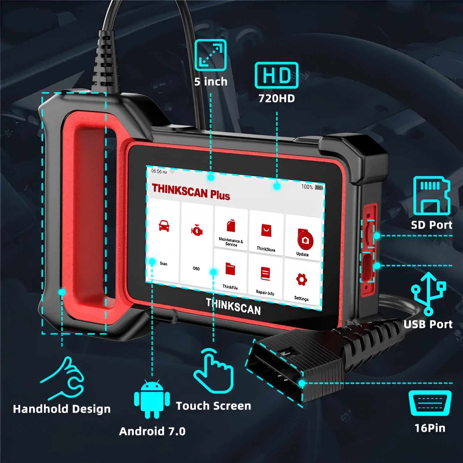 Thinkcar Thinkscan Plus S2 car diagnostic scanner for ECM, ABS, SRS system detection, compact 28x25x5mm