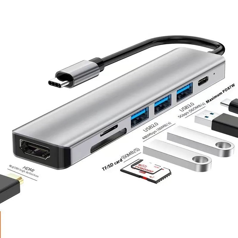 USB-C 7-in-1 expansion dock with HDMI port, USB 3.0 ports, and 15cm cable for laptop connectivity
