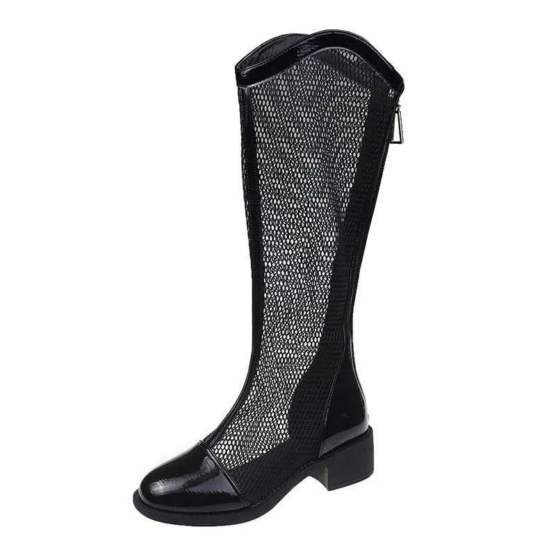 Women's thin mesh long skinny knight boots in black with square heel and back zipper