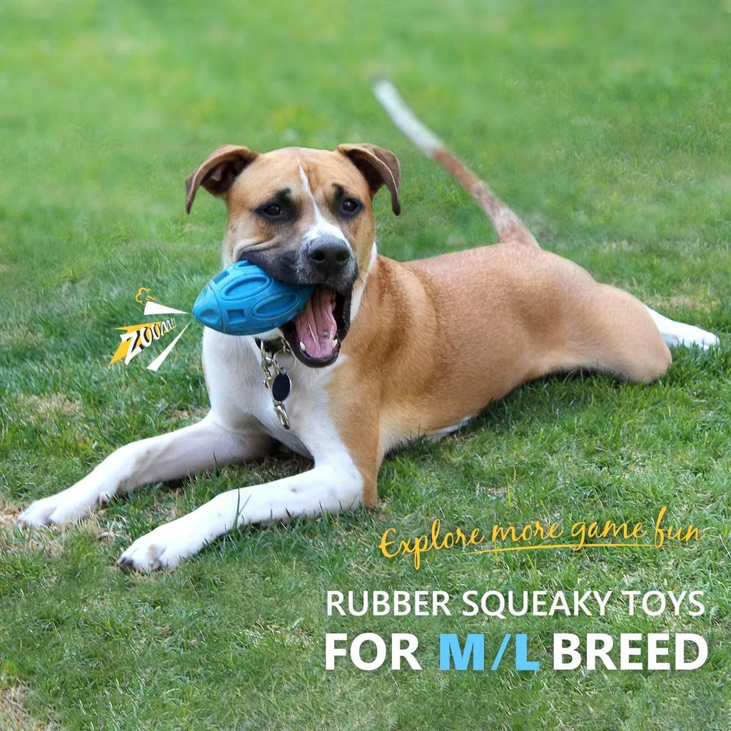 Natural rubber squeaky dog chew ball in blue, green or orange for medium large breeds