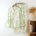 Women's pink frosted pine tree cotton gauze loungewear set with lace-up long-sleeve top and trousers