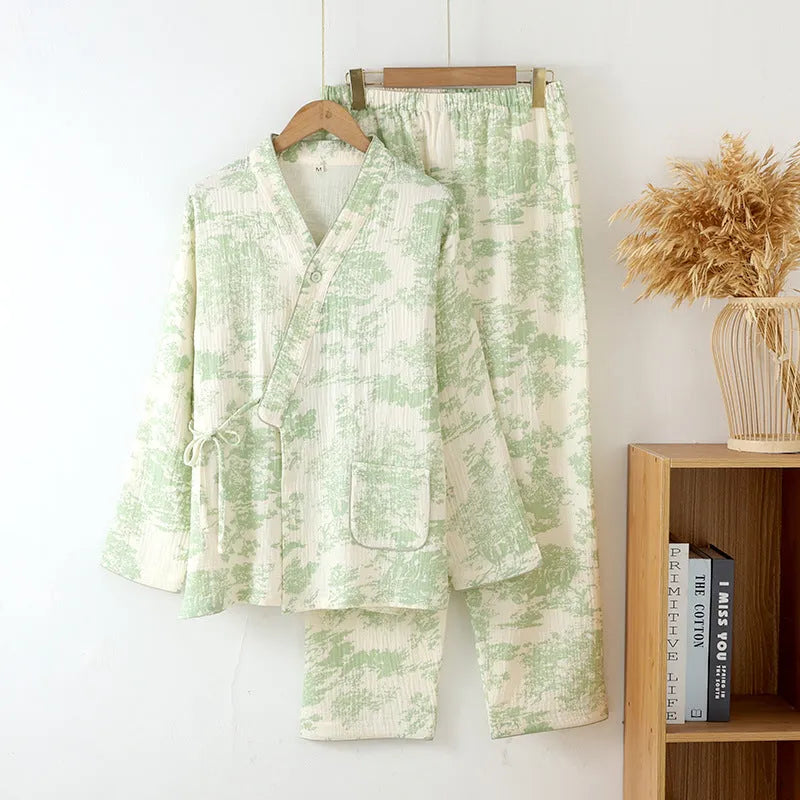 Women's pink frosted pine tree cotton gauze loungewear set with lace-up long-sleeve top and trousers