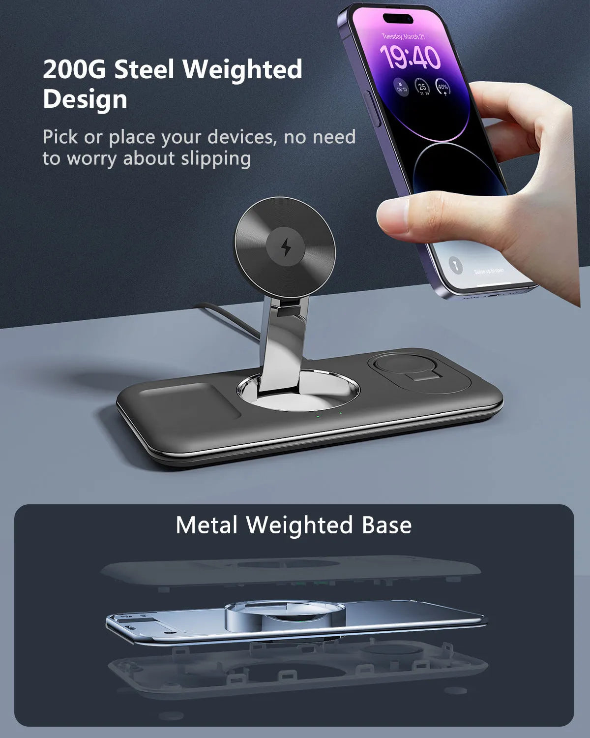 Folding magnetic wireless charger desktop bracket in white with phone charging in upright position