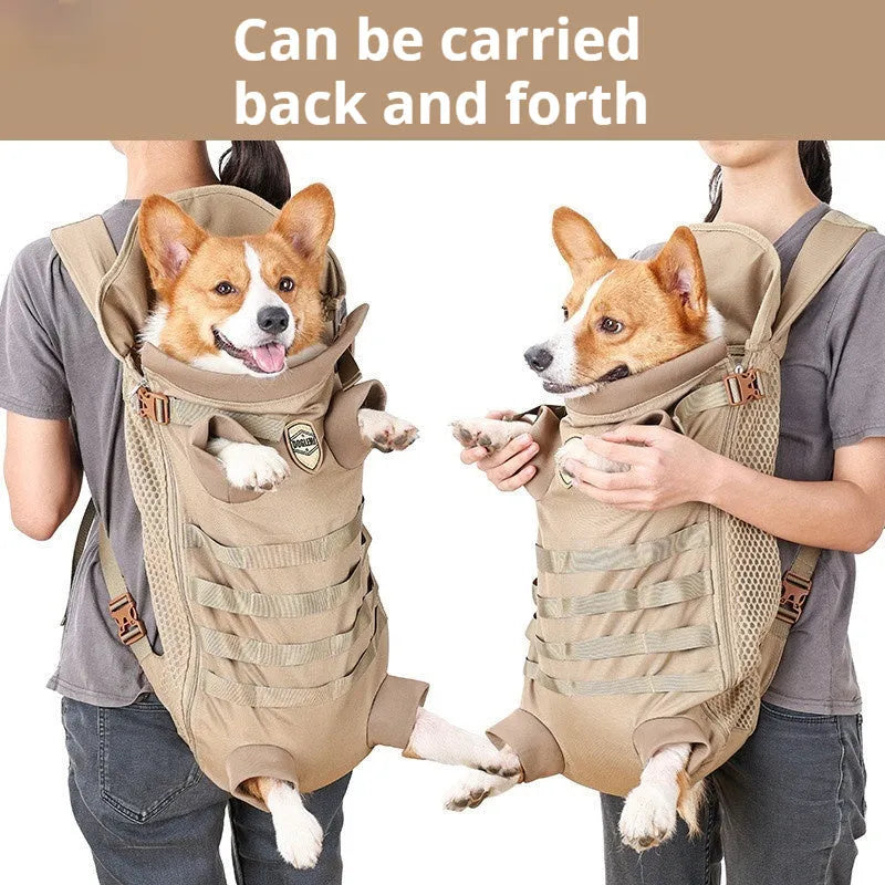Khaki polyester pet backpack for medium dogs, available in M and L sizes