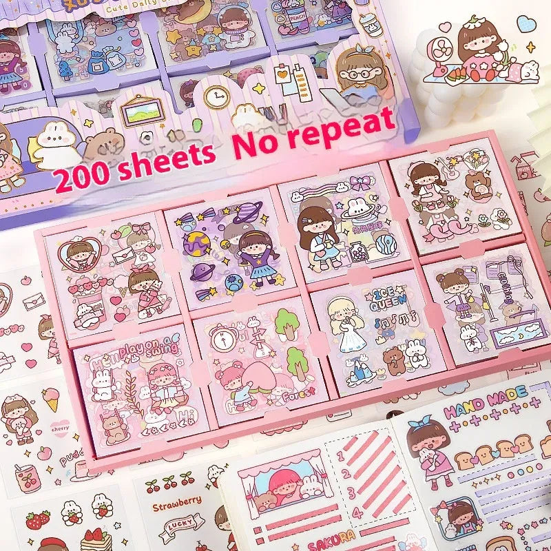 Box of children's stickers showing 5 design themes: meatball, peach tea, stars, and nini patterns