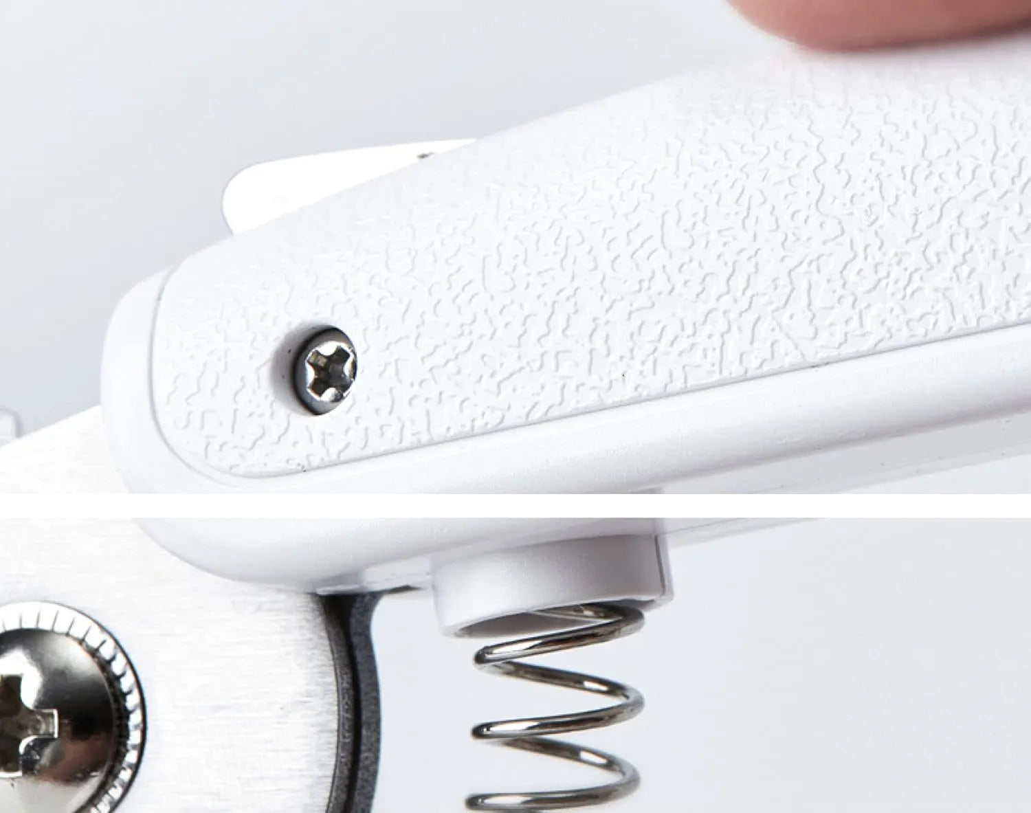 White pet nail clippers with LED light, anti-splash transparent guard, and a leather-like handle on a blue background.