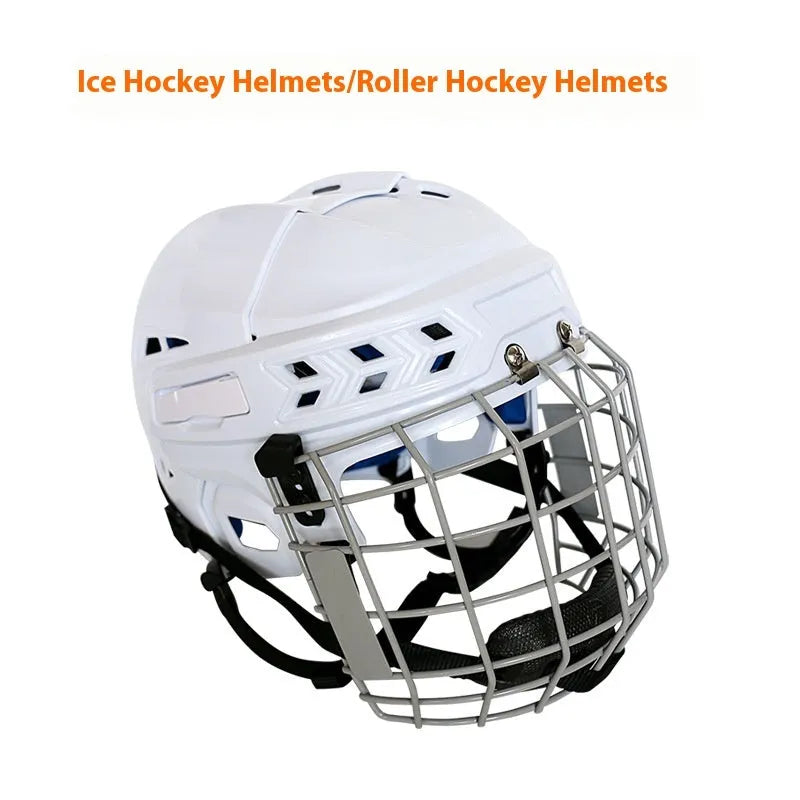 Ice hockey helmet with integrated carbon steel face mask showing PP shell and EVA lining, displayed in size L.