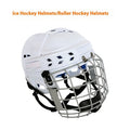 Ice hockey helmet with integrated carbon steel face mask showing PP shell and EVA lining, displayed in size L.