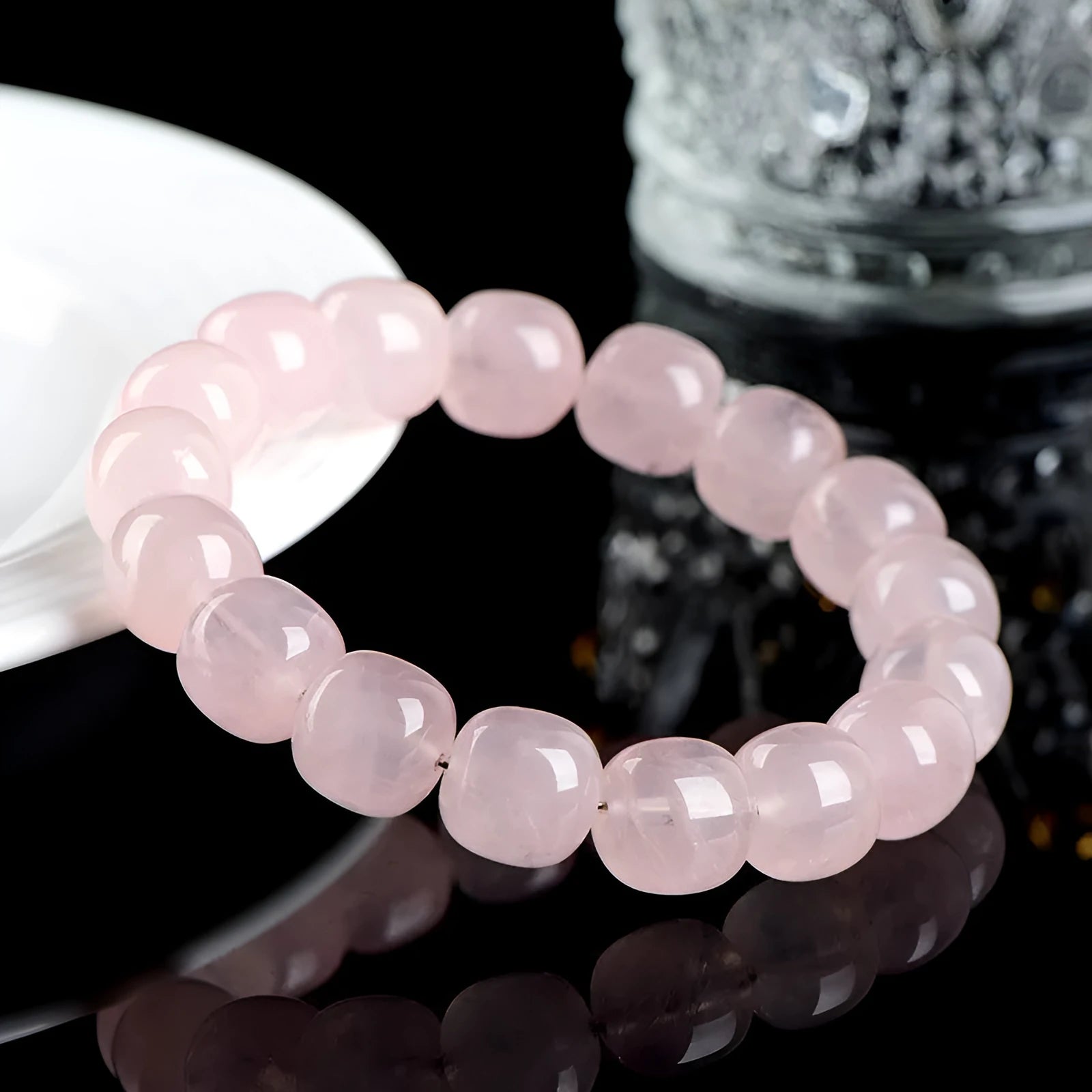 Pink natural bamboo crystal barrel bead bracelet with 11-12mm geometric beads
