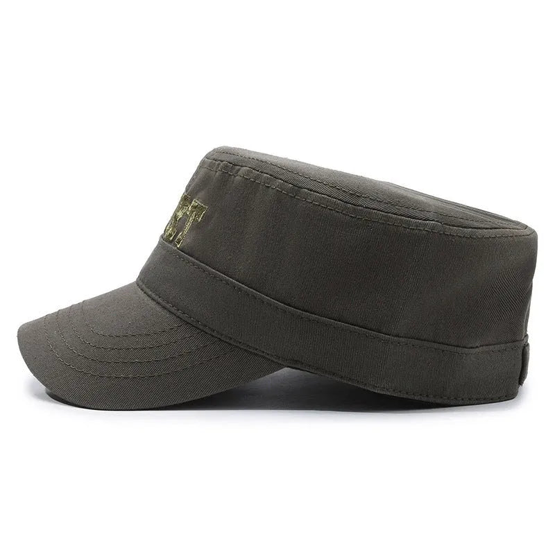 Men's adjustable flat-top cotton peaked cap in army green with an English letter print on the front.