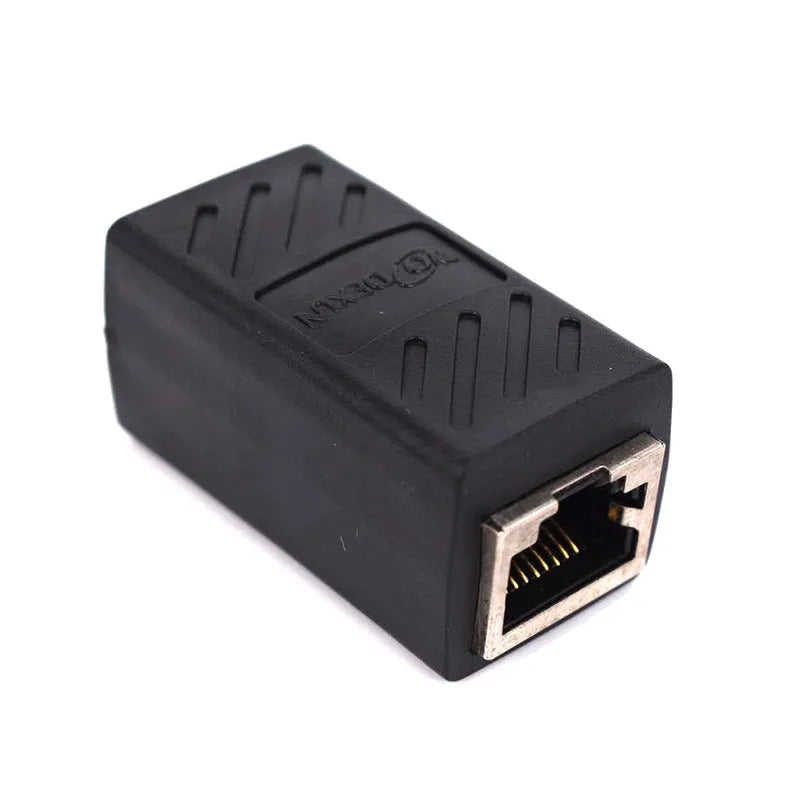 Black RJ45 network cable butt joint extender adapter with rotary union component