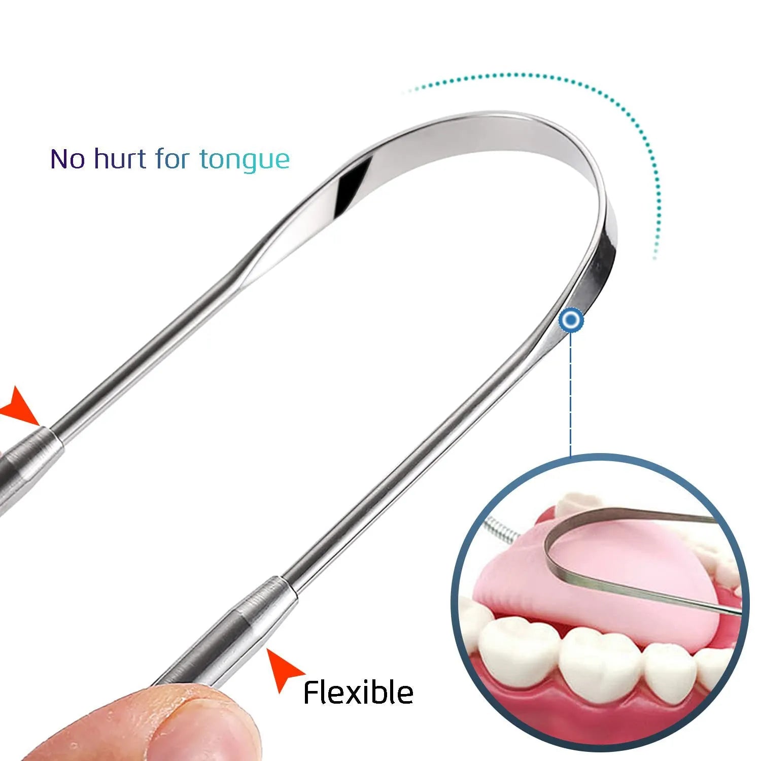 Stainless steel tongue coating cleaner set with large opening and spoon type U-shaped scrapers in pearlescent bags