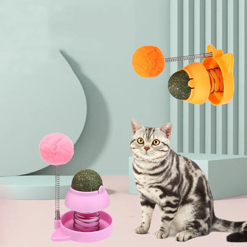 Lucky Cat Mint Ball cat toy in Blue, Orange, or Pink, showing 55mm diameter and licking cat design.
