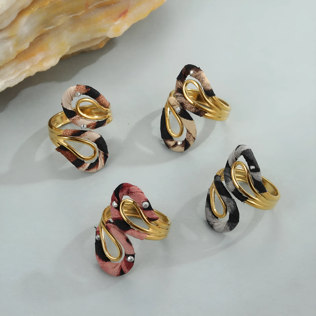 Stainless steel open mouth ring with leopard print geometric heart and star shapes