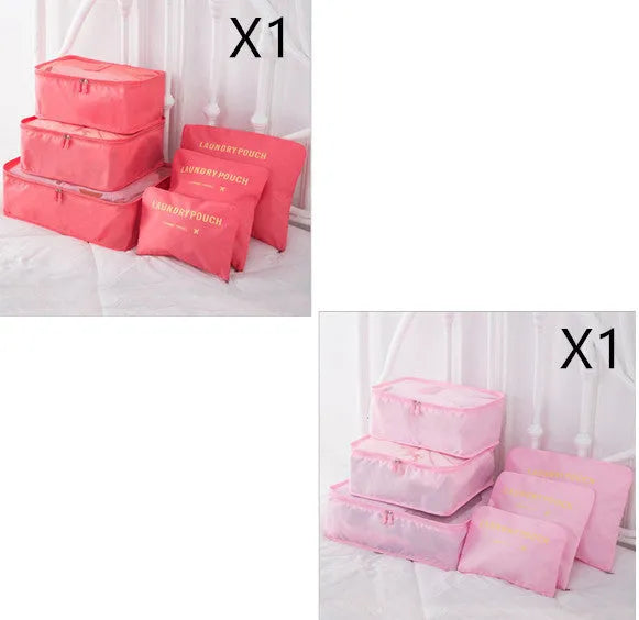 6 piece polyester travel storage bag set in hand bag type shape for clothes and cosmetic organisation, various colour options