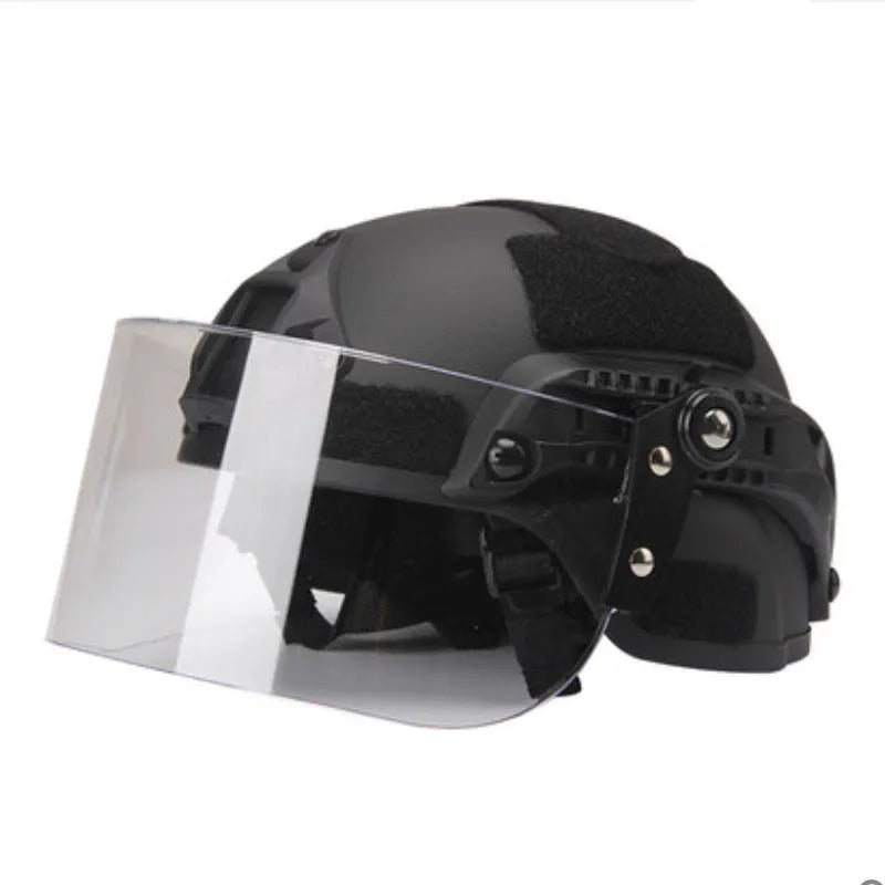 Transparent polycarbonate helmet mask with windproof lens and guide rail system for sports face protection
