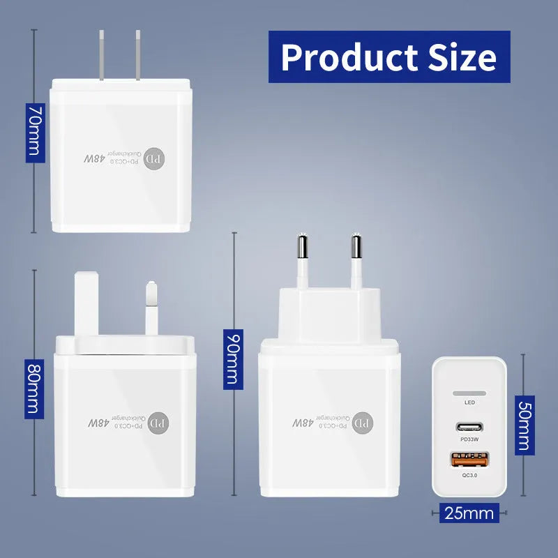 PD48W fast charging travel charger with Type-C USB port and international plug options