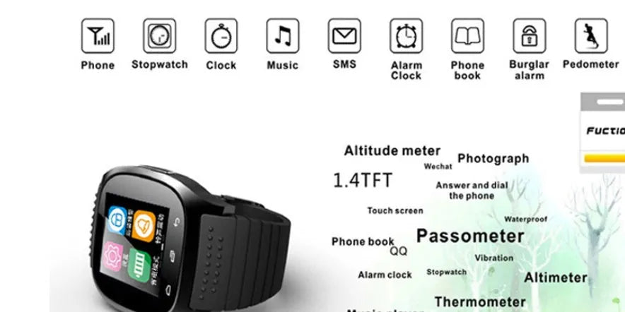 Black Bluetooth sports watch compatible with Apple iOS and Android smartphones on wrist