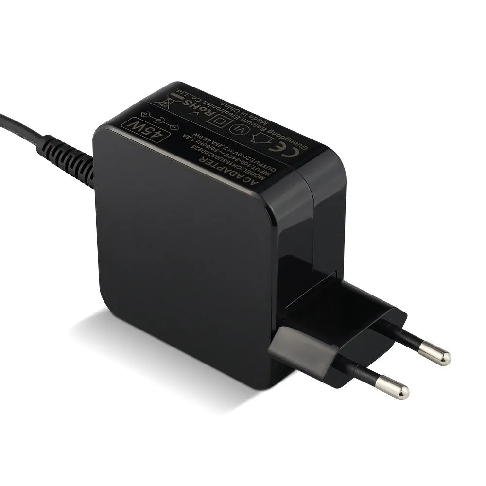 Black 45W Hua laptop adapter and charging cable with DC connector, shown with US and EU plug options.