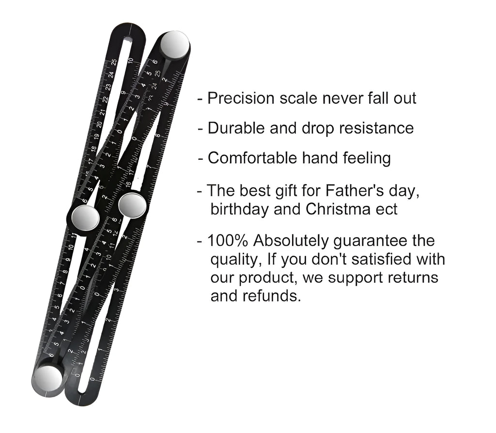Aluminium alloy four-sided ruler template tool with sliding arms and tightening screws on a tiled work surface