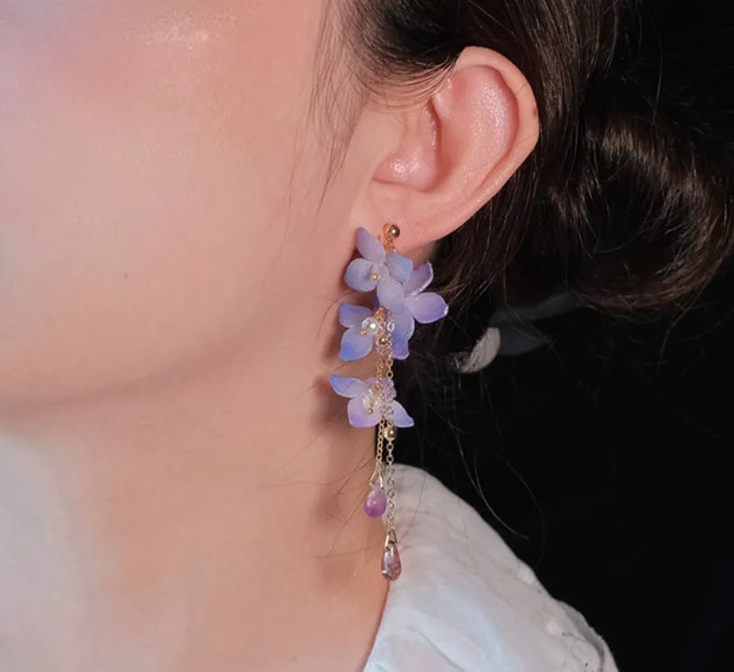 Handmade cold blue purple flower long tassel water drop earrings, gold-plated inlay with artificial gem and semi-precious stone, auricular needle or ear clip style