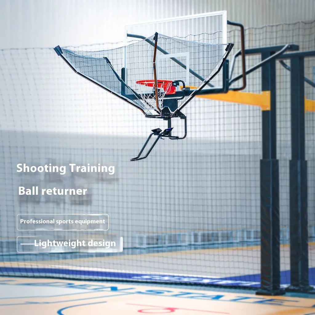 Automatic basketball return training unit hanging from a hoop for solo shooting practice.