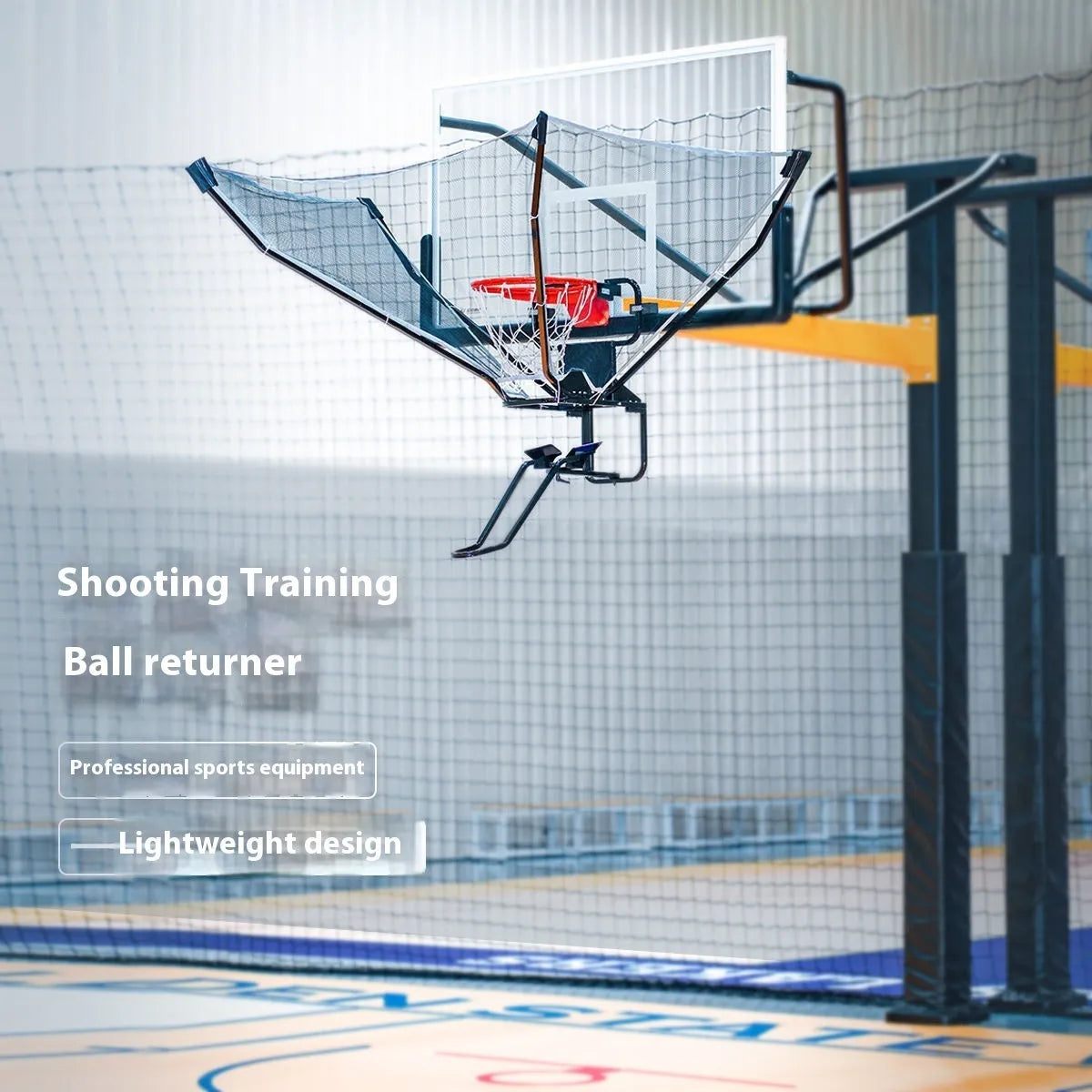 Automatic basketball return training unit hanging from a hoop for solo shooting practice.
